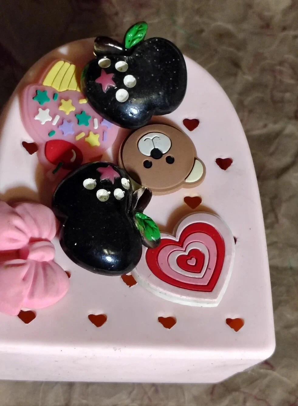 Mini Pink Silicone Backpack w/ Cutout Hearts For Storing Shoe Charms + 6 Charms